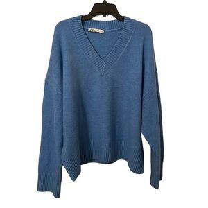 ZARA | Women’s Sky Blue V-Neck Rib Sleeve/Neck Sweater Size XL